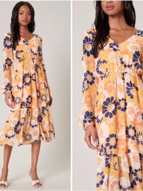 Sugarlips Floral Tiered Midi Dress - Yellow & Navy